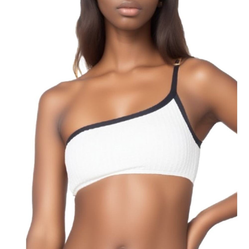 L*Space Axel One Shoulder Crop Bikini Swim Top in White Black NWT Size Small